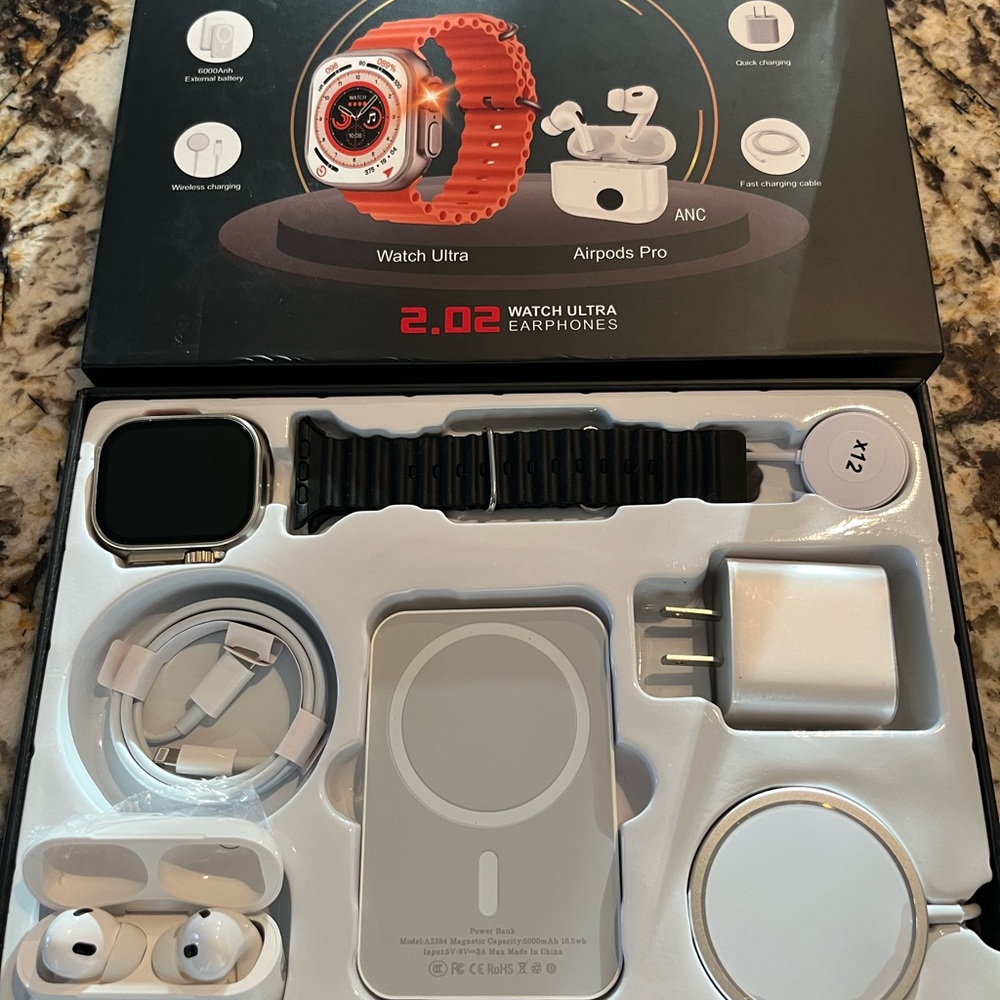 All Black DMES X12 Smart Watch AirPods with Case Charger Pro Power Bank Combo